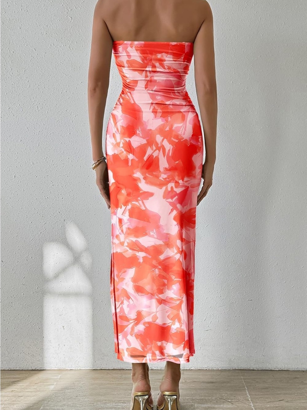 PRETTYGARDEN Womens Strapless Bodycon Maxi Dress Ruched Slit  Light Orange S - Picture 14 of 16